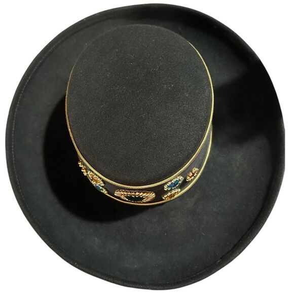 Vintage Sonni San Francisco Black Wool Felt Wide Brim Hat Jeweled Band SZ 7, S/M main image 7